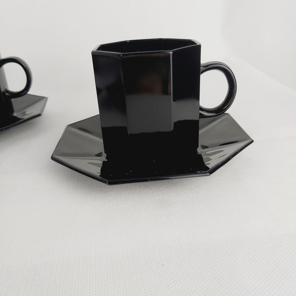 1980'S Arcoroc Octine Black glass octagon Made in France soups bowls mug saucers - Picture 11 of 16